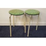 PAIR OF 1950S KITCHEN STOOLS with circular green vinyl padded seats decorated with gold and black