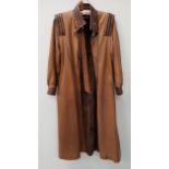 SERGE MIKO LADIES FULL LENGTH COAT in brown leather with a matching belt, lizard collar, shoulder