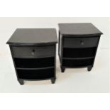 PAIR OF BROWNSTONE LACQUERED BEDSIDE BOWFRONT CHESTS with moulded tops above a frieze drawer with