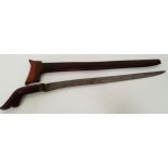 INDONESIAN KRIS with a teak shaped handle and a 48.5cm long steel blade, with a teak scabbard
