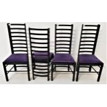 FOUR CHARLES RENNIE MACKINTOSH STYLE DINING CHAIRS with ladder backs and velvet lilac drop in seats,