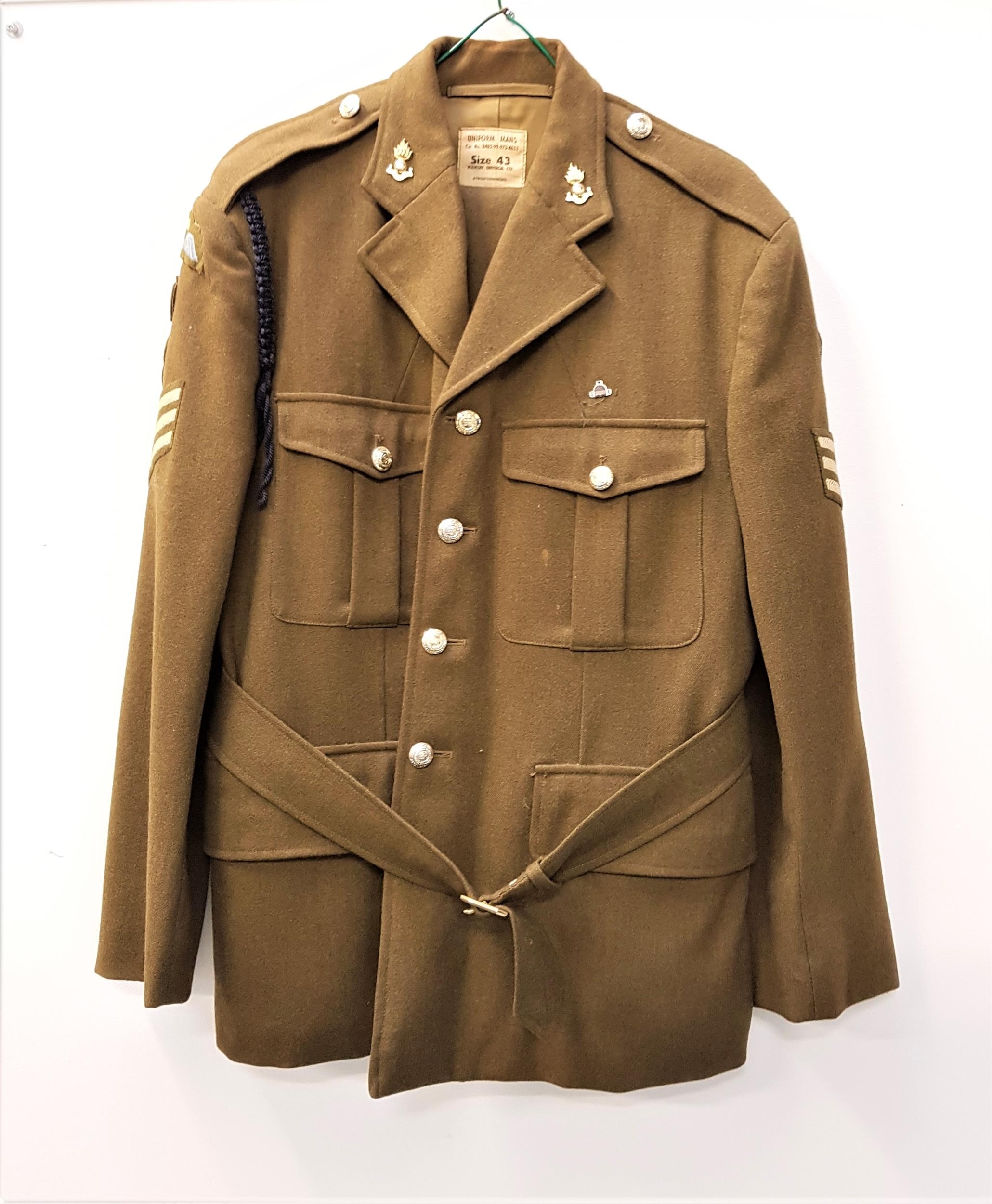 BRITISH ARMY DRESS UNIFORM comprising the jacket and trousers, size 43, with the badges and