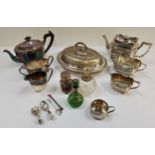 SELECTION OF SILVER PLATE including an oval lidded serving dish, matching tea pot, twin handled