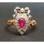 UNUSUAL RUBY AND DIAMOND CLUSTER RING the pear cut ruby in diamond surround and surmounted by a