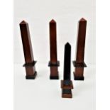 TRIO OF CHERRY WOOD OBELISKS of tapering form on square bases, 51cm high, together with a similar