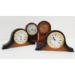 TWO ARCHED CASE MANTLE CLOCKS with circular dials and Roman numerals, together with two mahogany