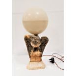 ART DECO ALABASTER TABLE LAMP carved as an eagle with a circular alabaster two piece shade, 45cm