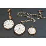 TWO SILVER POCKET WATCHES AND A FOB WATCH both pocket watches with white enamel dials, Roman