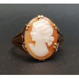 SHELL CAMEO RING depicting a female bust in profile, on nine carat gold shank, ring size S