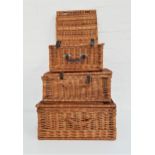 THREE WICKER PICKNIC HAMPERS measuring 20cm x 46cm x 31cm, 23cm x 51cm x 34cm and 20cm x 38cm x 37cm