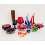 SELECTION OF COLOURFUL GLASSWARE including a pair of sailing boat ornaments, Chribska glass bowls, a