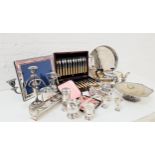 SELECTION OF SILVER PLATED ITEMS including a large photograph frame, an oak cased set of twelve fish