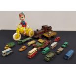 SELECTION OF VINTAGE TOYS including an English tin plate lorry and trailer, a wooden pull along