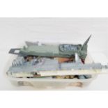 LARGE SELECTION OF PLASTIC MODEL SHIP PARTS including deck sections, rigging, radar, transfer