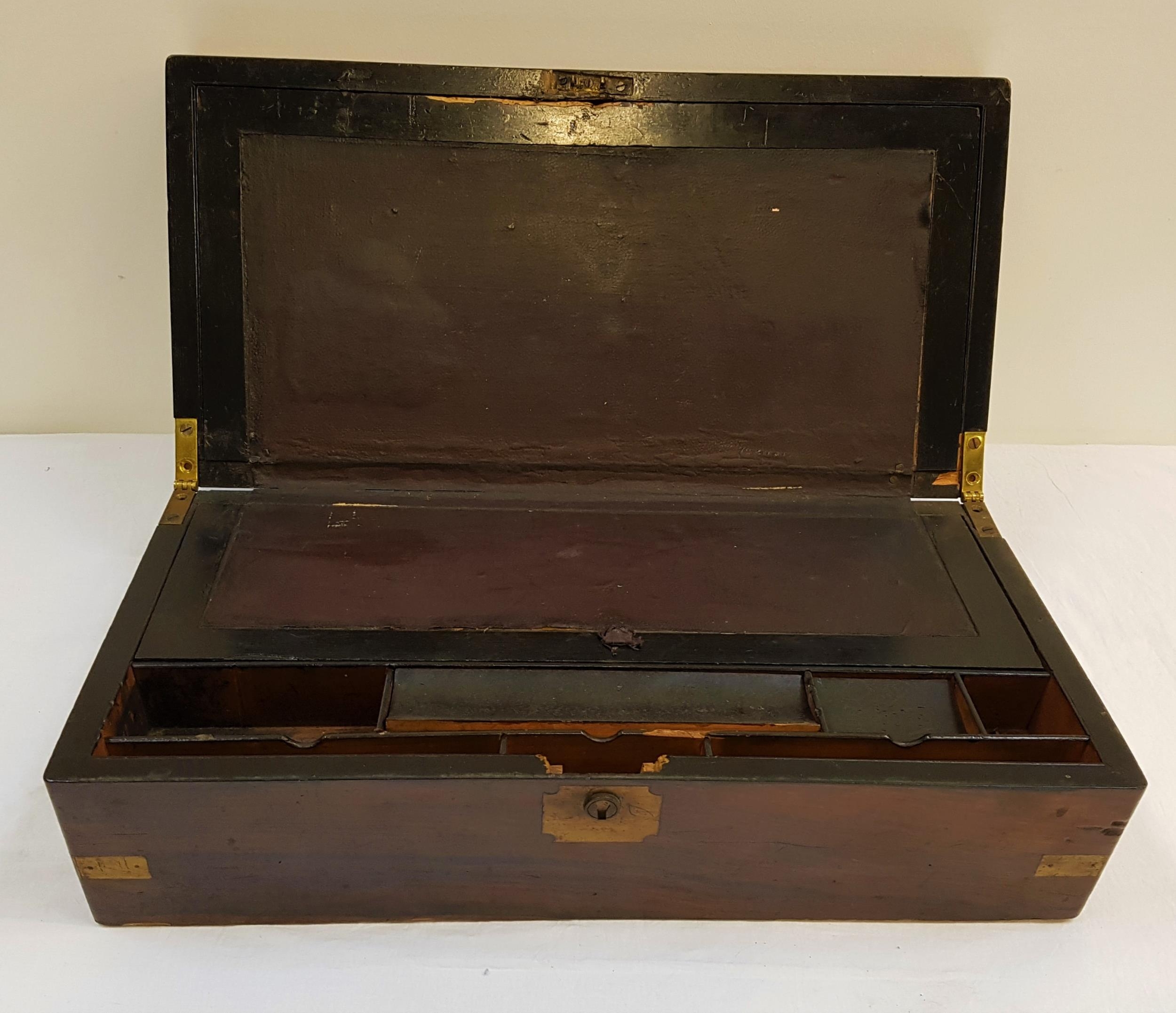 VICTORIAN ROSEWOOD TRAVELLING WRITING BOX with an inlaid brass plaque to the cover and brass
