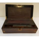 VICTORIAN ROSEWOOD TRAVELLING WRITING BOX with an inlaid brass plaque to the cover and brass