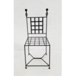 STEEL FRAME CHAIR with a lattice work back with turned finials above a lattice work seat, standing