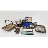 MIXED LOT OF SILVER PLATE including a tea pot and stand, sugar bowl and milk jug, two cake baskets