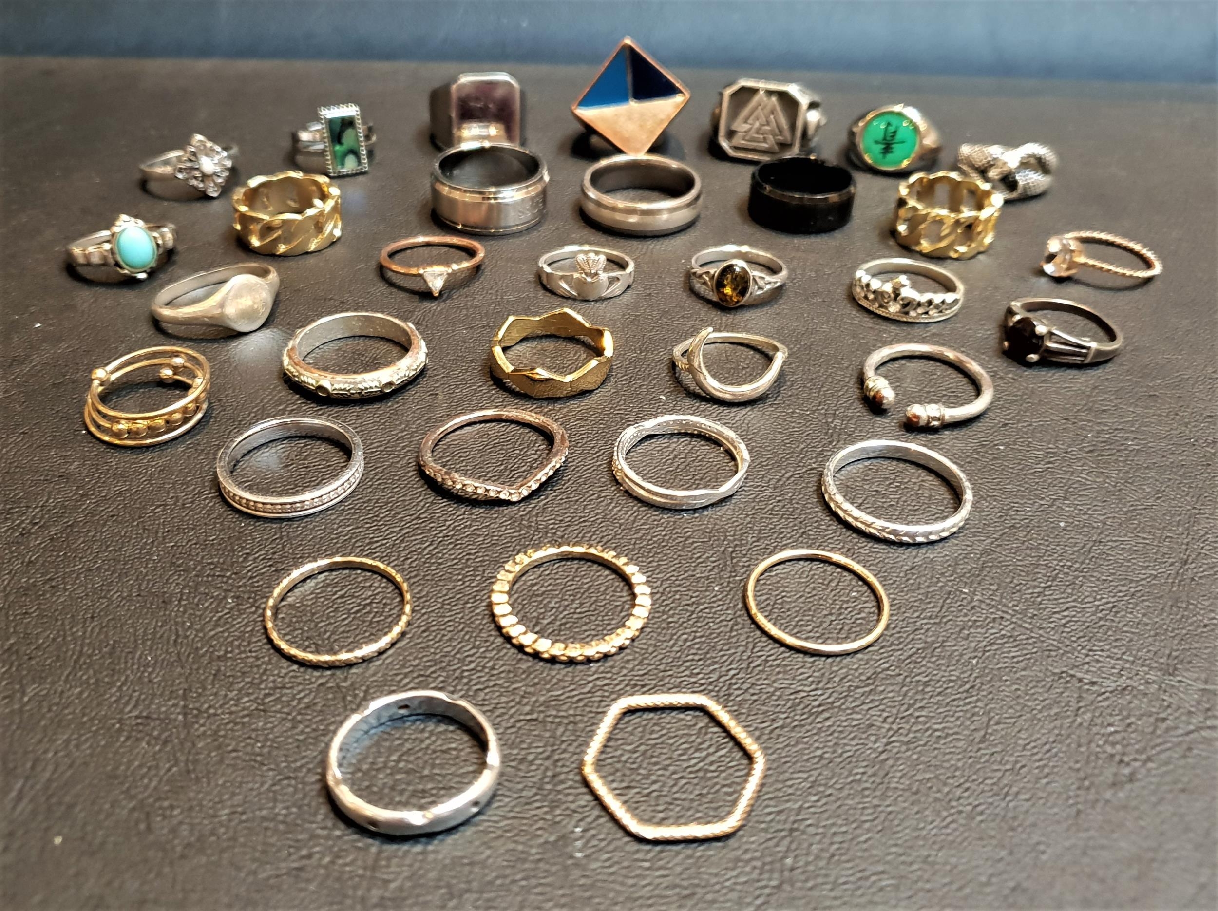 SELECTION OF SILVER AND OTHER RINGS various designs and sizes including amber effect and stone set