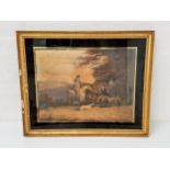 BRITISH SCHOOL Hunting with hounds, print, in a gilt highlighted frame with label to verso, 41cm x