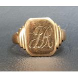 NINE CARAT GOLD SIGNET RING with engraved monogram DR, ring size P and approximately 3 grams