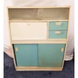 1950s REMPLOY KITCHEN CABINET with a pair of angled glass sliding doors above a drop flap and two