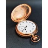 NINE CARAT GOLD 'RECORD' FULL HUNTER POCKET WATCH the white enamel dial with Roman numerals and