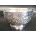 VICTORIAN SILVER BOWL with embossed floral, scroll and motif decoration overall, Edinburgh hallmarks