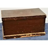 PITCH PINE TRUNK with side carrying handles, the lift up lid revealing a candle box with two drawers