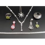 SELECTION OF CZ AND GEM SET SILVER JEWELLERY including a peridot set pendant and matching ring, a