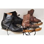 TW PAIRS OF VINTAGE ICE SKATES one pair of size 7.5 brown leather boots, the blades marked