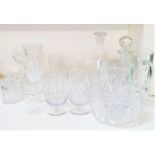 SELECTION OF CRYSTAL AND OTHER GLASSWARE including a conical decanter and stopper, square decanter