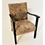 STAINED BEECH OPEN ARMCHAIR with a padded back and seat covered in a tapestry style fabric