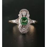 ART DECO STYLE TSAVORITE GARNET AND DIAMOND PLAQUE RING the central round cut garnet on diamond