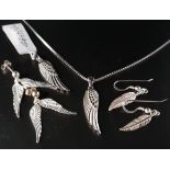 SELECTION OF SILVER ANGEL WING AND FEATHER DESIGN JEWELLERY comprising two wing pendants, one on