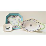 HEREND PORCELAIN SHAPED BASKET decorated with blue floral garlands with a pair of green shaped