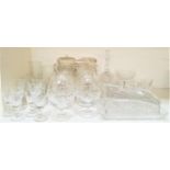 MIXED LOT OF GLASSWARE including a butter dish, whisky tumblers, brandy balloons, liqueur glasses