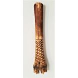 19th CENTURY CARVED BONE CHEESE SCOOP with lattice style carved decoration, 14cm long