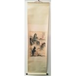 20th CENTURY JAPANESE SCROLL depicting two remote houses in the countryside with a waterfall in