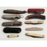 TEN ASSORTED PEN KNIVES including a Swiss Army style knife, Saynor single blade knife, Giesen &