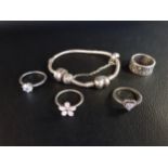 SELECTION OF PANDORA JEWELLERY comprising a Moments heart clasp silver charm bracelet with one