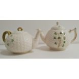 BELLEEEK TEAPOT with typical shamrock and basket weave design; together with a similar teapot by