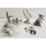 FIVE LLADRO PORCELAIN FIGURINES depicting a sleeping spaniel, 8cm long, cat and mouse at play, 8cm