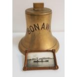 VINTAGE BRASS SHIPS BELL named to the 'Bonawe', 22cm high, lacking the clapper, together with a