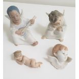 FOUR LLADRO PORCELAIN FIGURINES depicting a young putti in thought, 10.5cm high, young putti playing