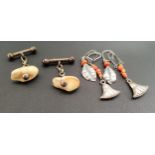 PAIR OF STAG'S TOOTH CUFFLINKS AND TWO PAIRS OF EARRINGS both pairs of earrings in unmarked silver