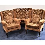 HIGH BACK TWO SEAT SOFA with loose seat cushions, in brown floral velour, standing on cabriole front