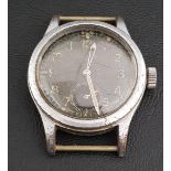 WWII MILITARY ISSUE WRISTWATCH BY RECORD the black dial with Arabic numerals and broad arrow, with
