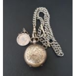 SILVER PLATED SOVEREIGN CASE with engraved detail and with silver plated Albert chain; together with