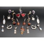 TEN PAIRS OF SILVER AND SILVER MOUNTED EARRINGS including amber, mother of pearl, CZ, gem set,